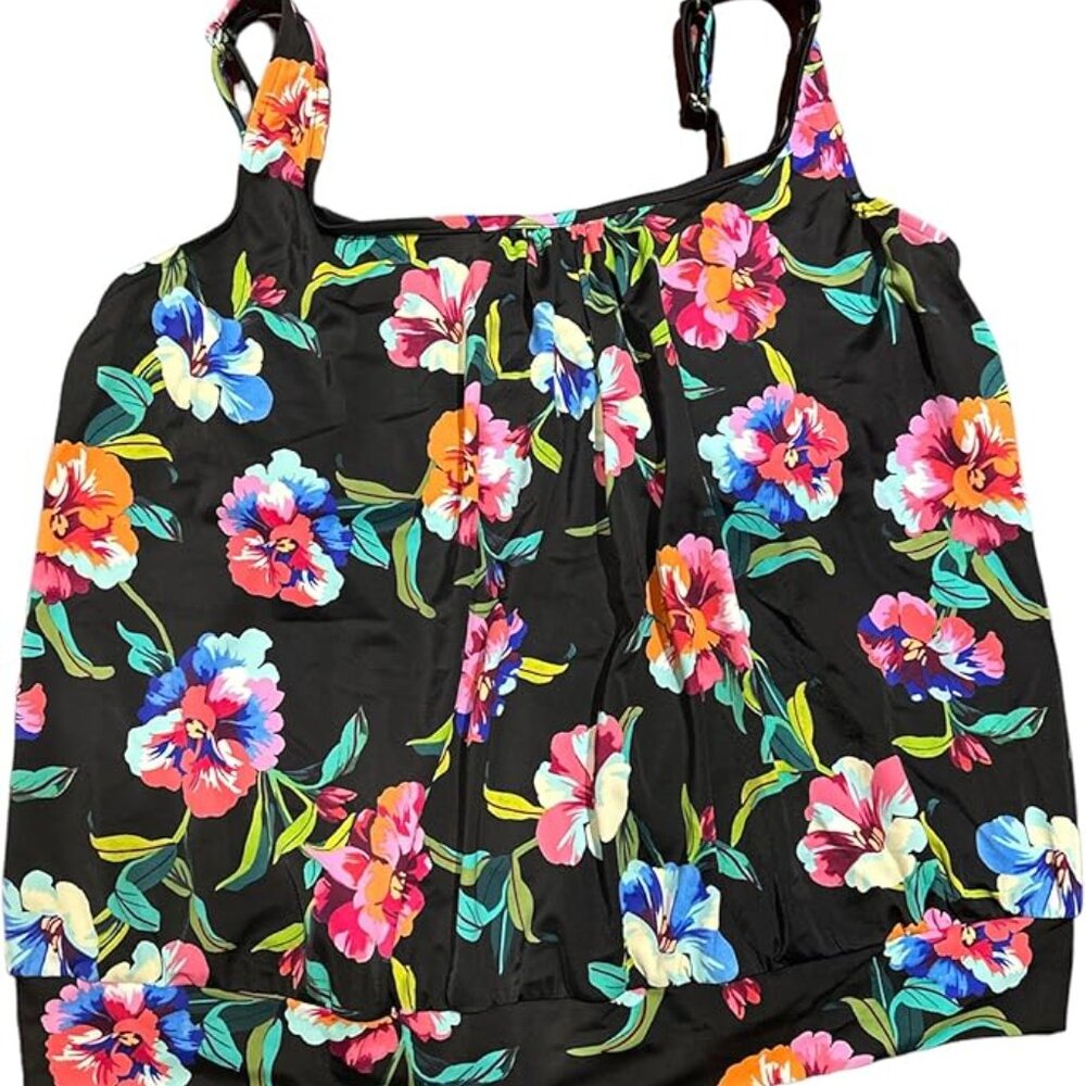 Swim Solutions Shirred Neck Blouson Underwire Tankini Top, MULTI, 18W